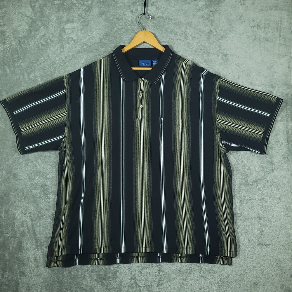 Vintage Towncraft Polo Shirt Mens 4XL Black Green Vertical Stripe Short Sleeve
